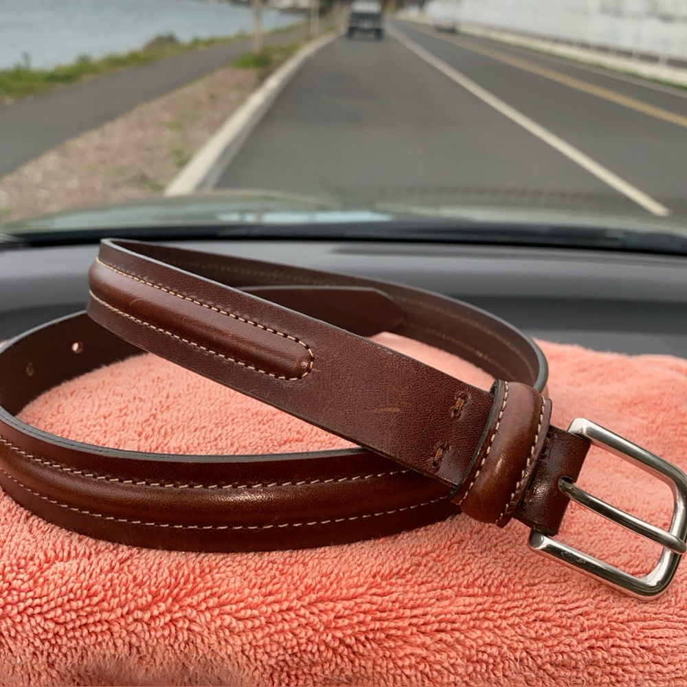 Eddie Bauer Brown Leather Center Ridge Belt 36” Silver Solid Brass Buckle Italy